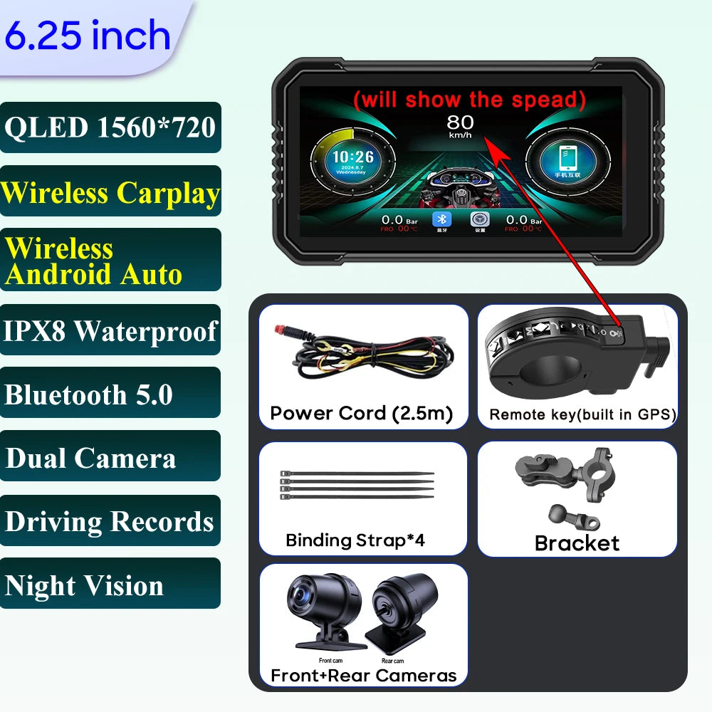 6.25-Inch Motorcycle GPS Navigation Screen with Wireless CarPlay & Android Auto – 1560x720 Resolution, Motor DVR Monitor, TPMS Optional