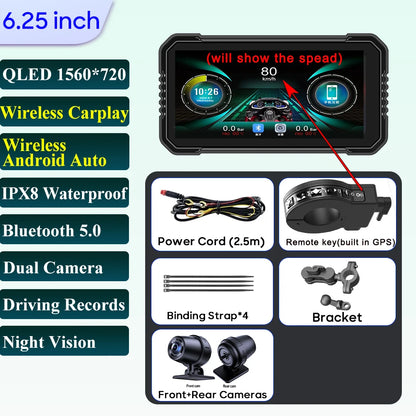 6.25-Inch Motorcycle GPS Navigation Screen with Wireless CarPlay & Android Auto – 1560x720 Resolution, Motor DVR Monitor, TPMS Optional