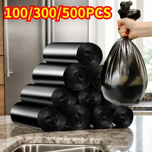 Black Disposable Garbage Bags 100/300/500PCS Roll – Heavy Duty Plastic Trash Bags for Kitchen, Bathroom & Travel Use