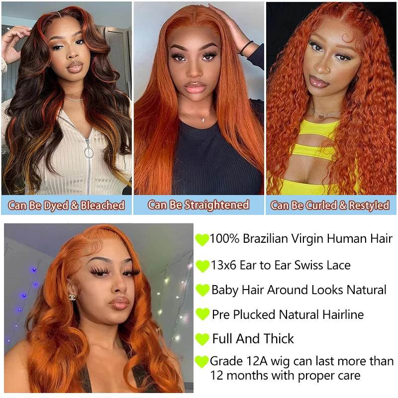 Ginger Orange 13x6 Lace Front Wig – 200% Density Body Wave Human Hair, Pre-Plucked Colored Wig for Women