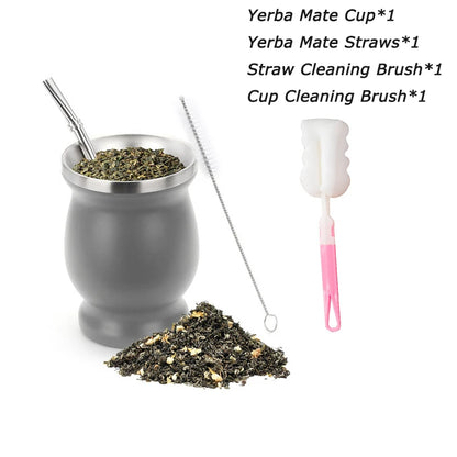 8oz 304 Stainless Steel Yerba Mate Cup Set – Double Wall Argentine Gourd with Bombilla Straw & Cleaning Brush Travel Mug