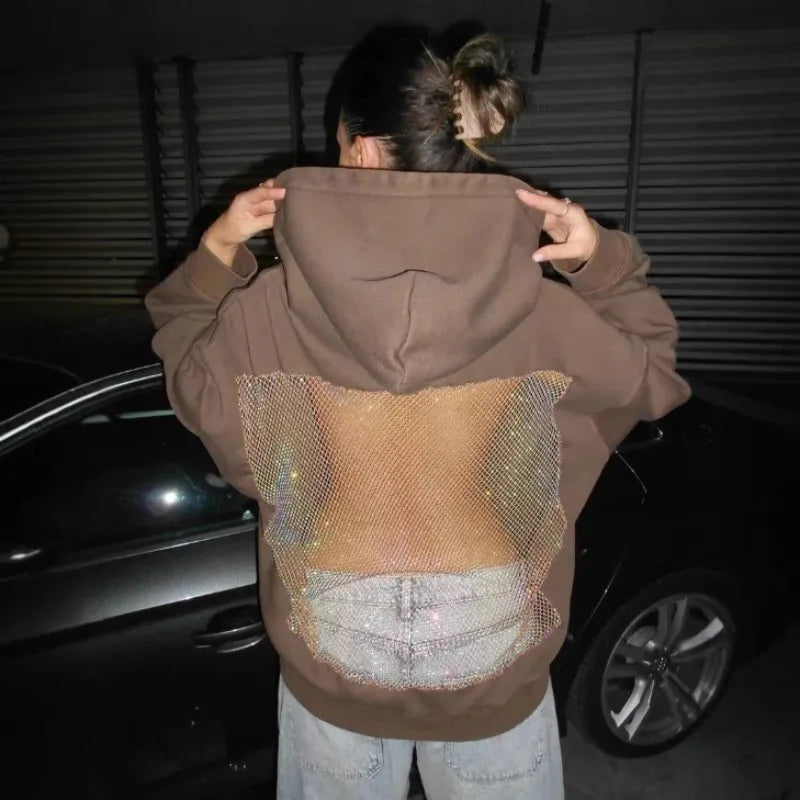 Women's Hollow Mesh Hoodie - Solid Color Backless Sweatshirt for Fall & Winter Fashion Gift