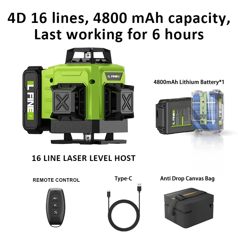 LFINE 3D/4D Laser Level — 12/16 Line Horizontal & Vertical Self-Leveling 360° Laser with Remote Control (8 Lines)