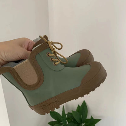 Kids Soft Rubber Rain Boots – Waterproof Lace-Up Mid-Calf Anti-Slip Shoes for Boys & Girls