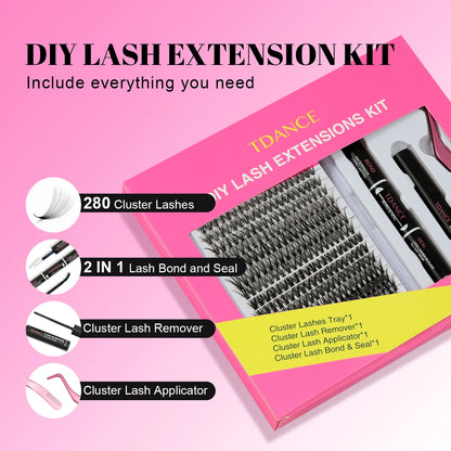 TDANCE 280PCS DIY Lash Extension Kit – Mix Clusters (30D/40D) with Bond, Seal & Remover for At-Home Application
