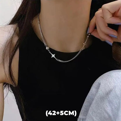 Hip Hop Zircon Star Double Layer Necklace - Titanium Steel Pendant Chain for Men & Women, Unisex Trendy Jewelry