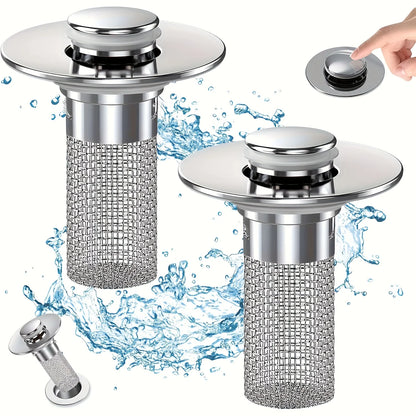 2-Pack Stainless Steel Pop-Up Sink Drain Strainer – Removable Basket Hair Catcher for Bathtub, Shower & Sink Clog Prevention