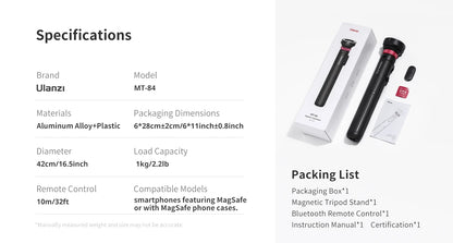 Ulanzi MT-84 1.53M Magsafe Selfie Stick Tripod — Bluetooth Remote Phone Stand for iPhone 16/15, Live Streaming & Vlogging