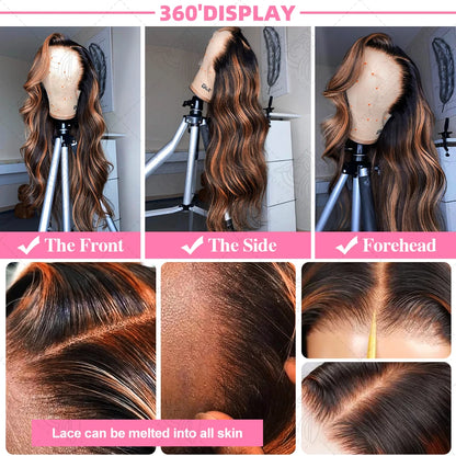 30 Inch Brazilian Body Wave Highlight Ombre Wig – 13x4 Lace Front, 1B/30 Black Brown Human Hair Wig for Women