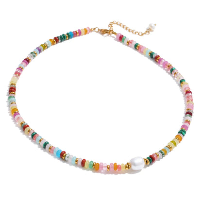 Yhpup Colorful Natural Stone Bead Necklace – Handmade Y2K Stainless Steel Waterproof Chain Jewelry for Women