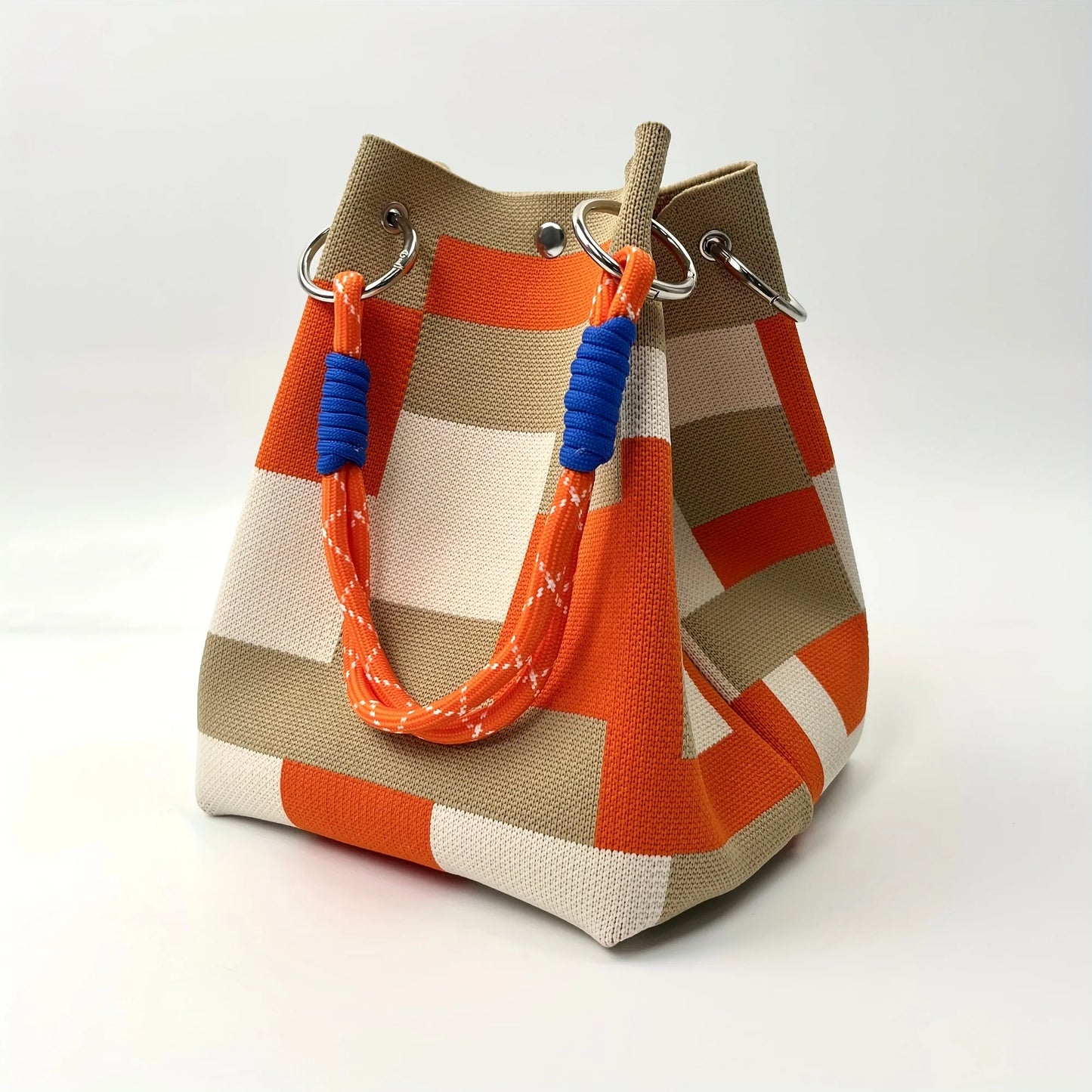 2025 Retro Floral Knitted Handbag – Mixed-Color Tote Bag with Safety Clasp Closure