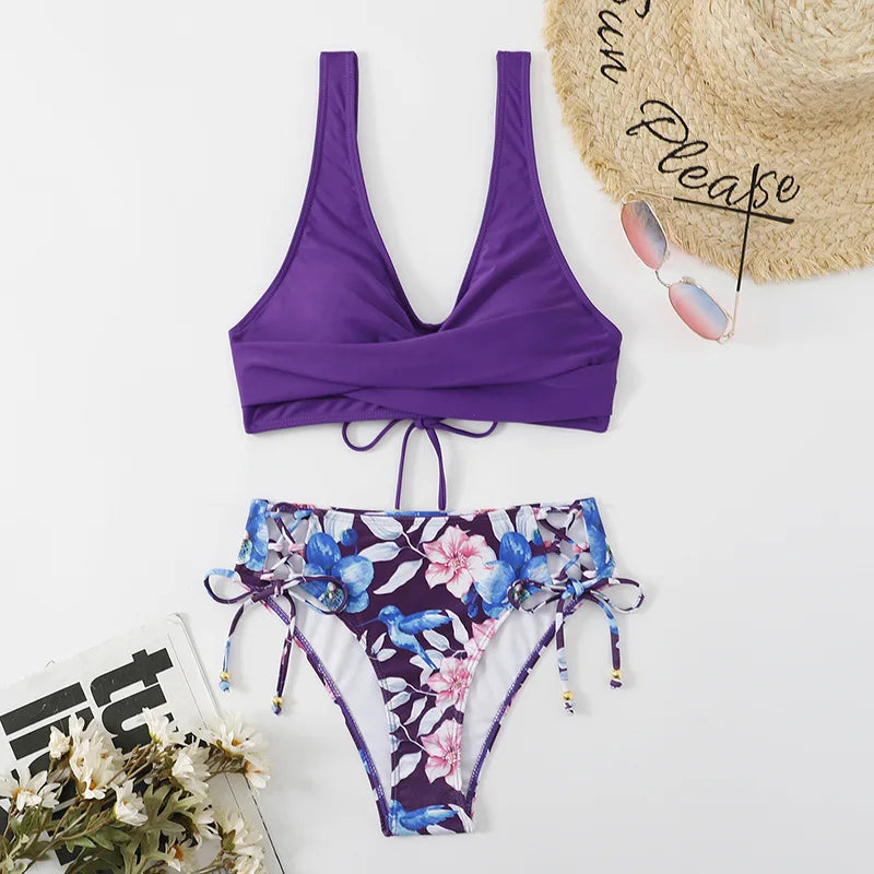 Vintage Printed Bikini Set – Women’s Cross Pleated Backless Lace-Up Push-Up Two-Piece Swimwear 2025 Beach Bathing Suit