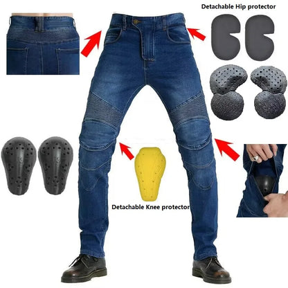 Men's Embroidery Motorcycle Jeans – Protective Gear with Belt, Motocross Pants for Driver License Test & Riding