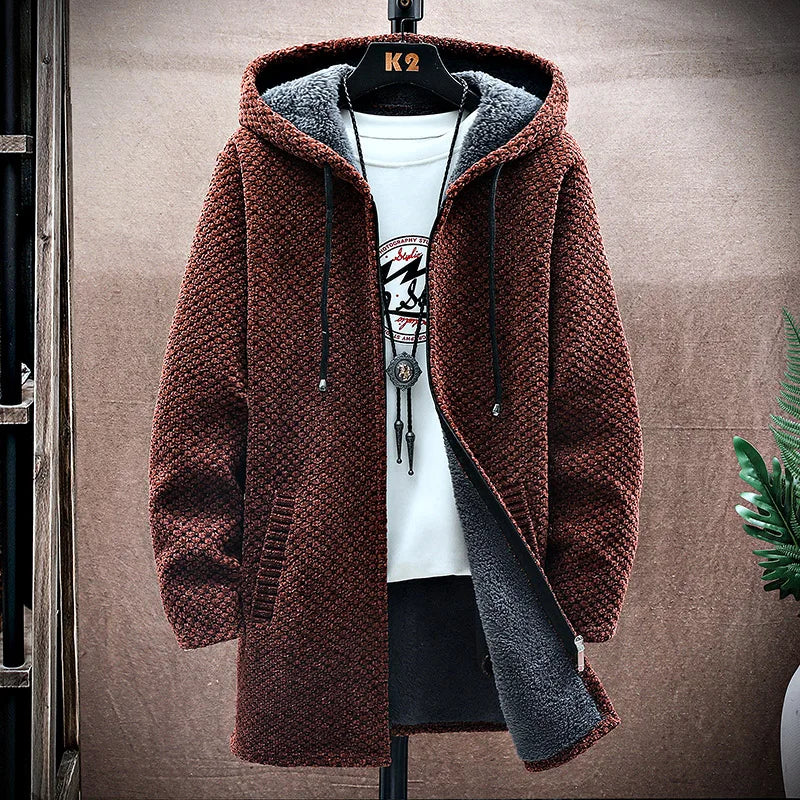 Men's Cashmere Hooded Cardigan Coat – Warm Fleece Long Sweater Jacket for Autumn Winter