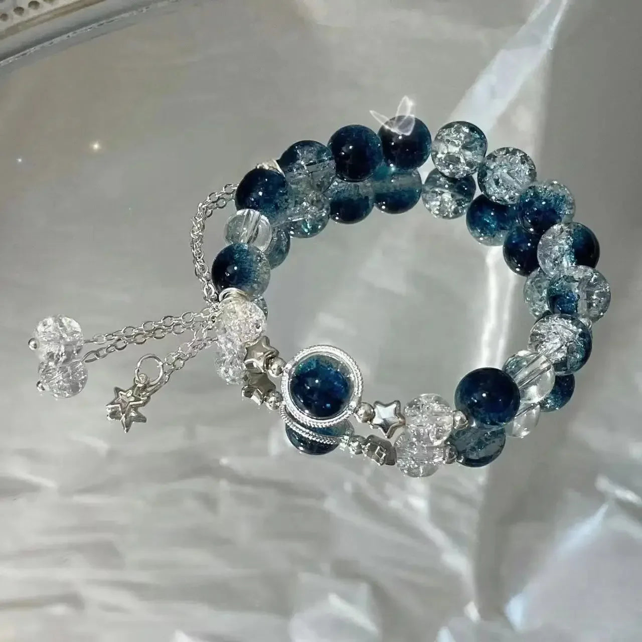 Star Chain Tassel Bracelet for Women – Fantasy Blue Crystal Beads on Elastic Rope, Perfect Gift for Best Friends