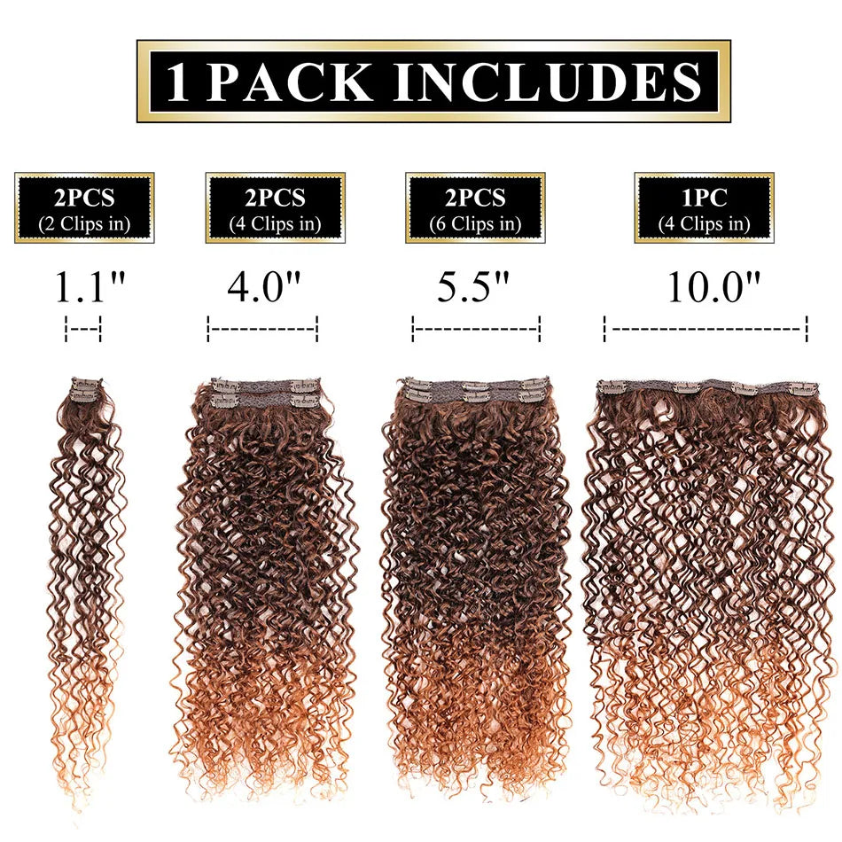 26 Synthetic Clip-In Hair Extension - Full Head Afro Kinky Curly Style - 140g Fake Hair Pieces Clip-on Hairpin for Women - Black/Brown