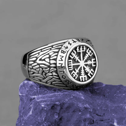 Nordic Viking Stainless Steel Ring - Compass Tree of Life Rune Wolf Amulet Jewelry for Men & Women