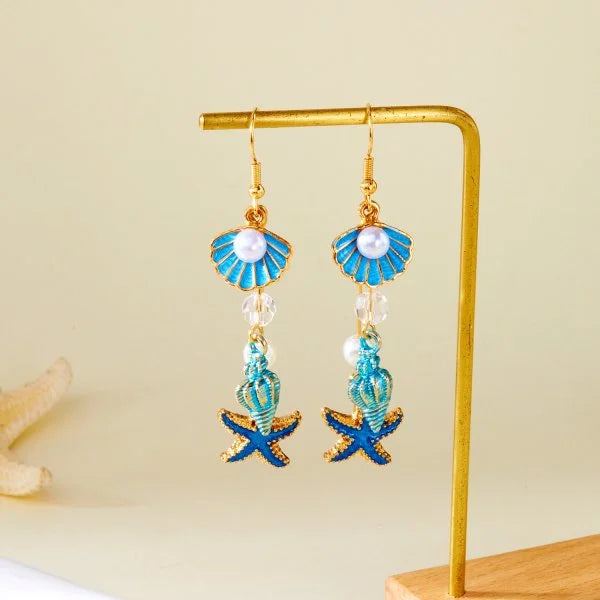 Ocean Style Asymmetric Earrings - Starfish Shell Pearl Zircon Stud Jewelry Gift for Women