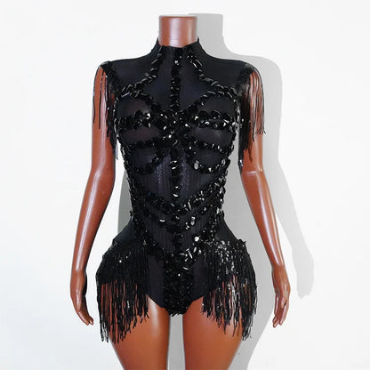 Sexy Shiny Silver Sequin & Black Spandex Jumpsuit — 2025 Women’s Prom, Dancer & Stage Performance Costume