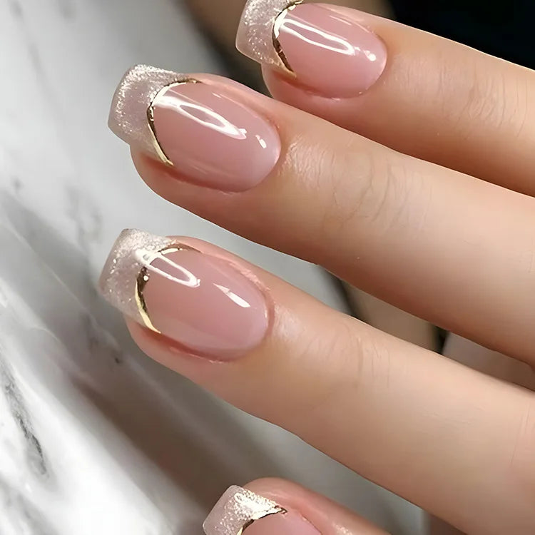 24PCS Short Press On Nails - Shimmer Ballet French Full Cover Artificial Nail Tips for Daily Manicure Style