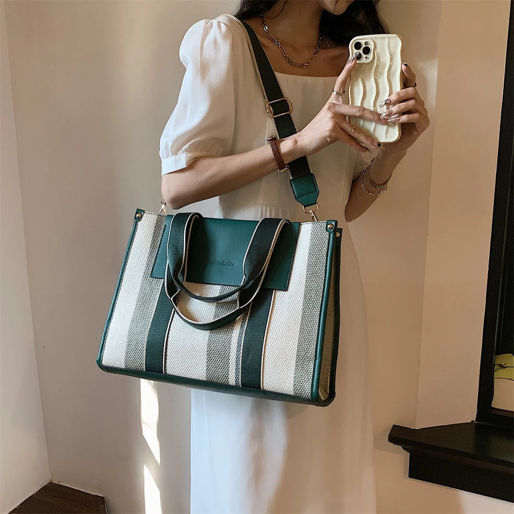 MOODS Quality Canvas Tote Bag for Women 2023 – Luxury Designer Handbag, Contrast Color Striped, Big Shoulder Crossbody Shopper Totes