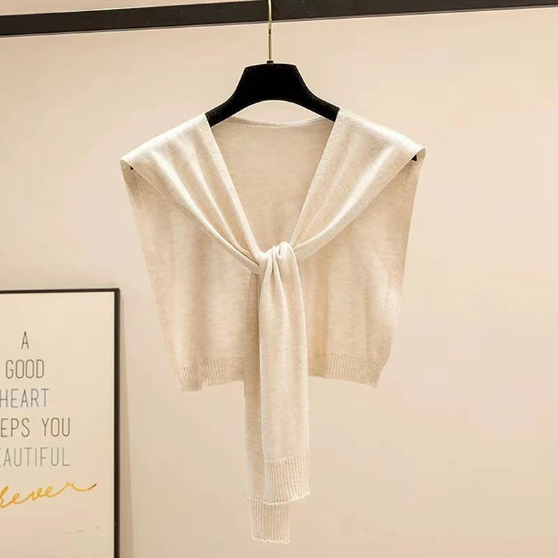 Striped Knitted Shawl Scarf – Warm Winter Cape with Fake Collar for Women