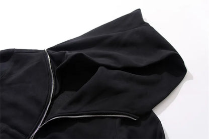 Men's Harajuku Zip Hoodie - Black Hip-Hop Streetwear Cardigan Sweatshirt Jacket
