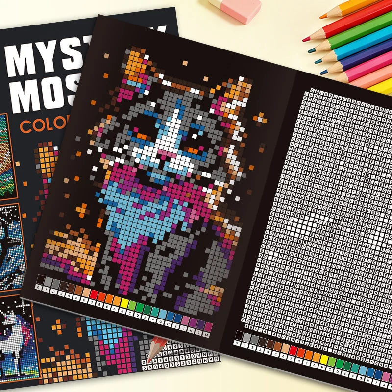 32 Pages Mystery Mosaic Coloring Book - Pixel Art Color by Number Stress Relief Activity for Adults