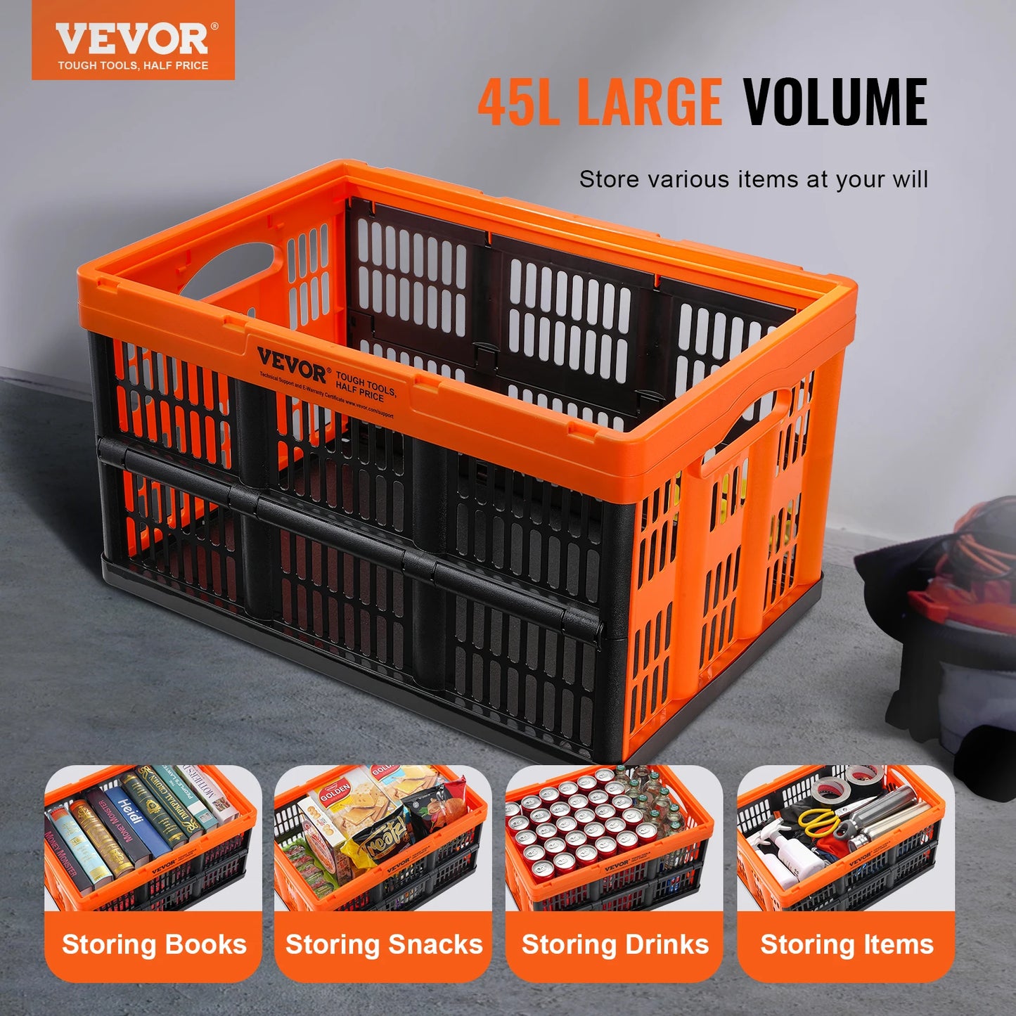 VEVOR 45L Collapsible Storage Baskets – 3-Pack Plastic Folding Bins with Handles for Clothes, Toys & Grocery, Stackable Containers