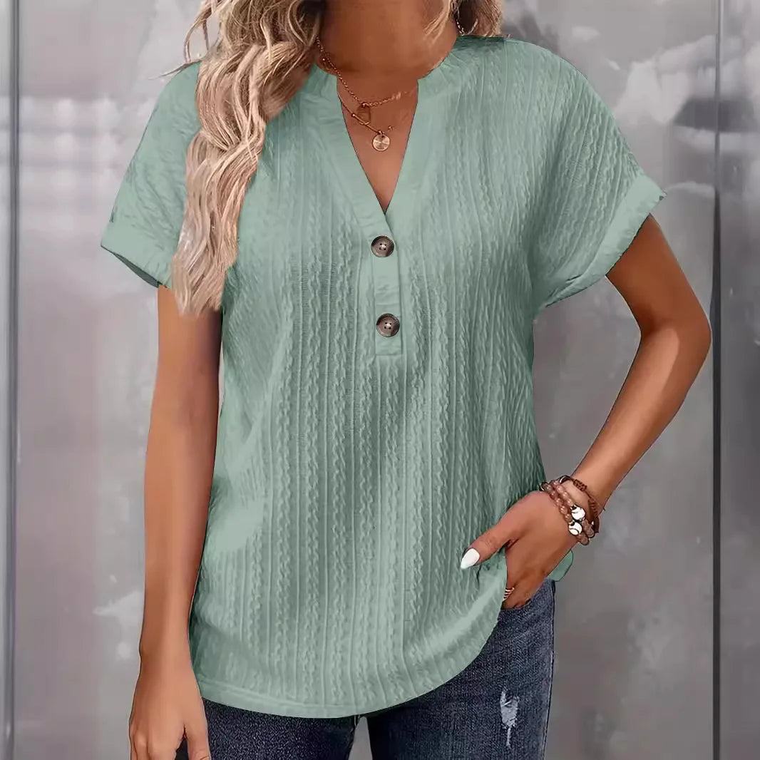 Women’s Casual Short Sleeve V-Neck Button Blouse – Loose Fit Summer Pullover Fashion Shirt
