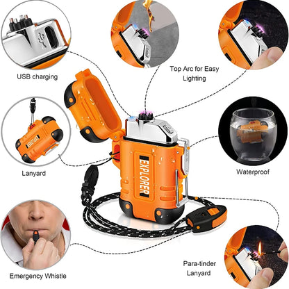 Waterproof USB Rechargeable Double Arc Plasma Lighter – Windproof Flameless Lighter for Outdoor Camping & Smoking Accessories