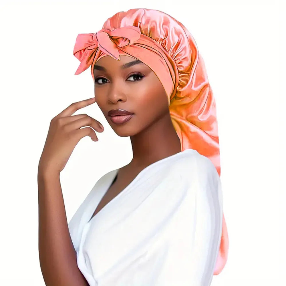 Bowknot Braid Bonnet - Unscented Satin Sleep Cap with Elastic Band and Long Tie, Breathable Night Hair Bonnet for Women