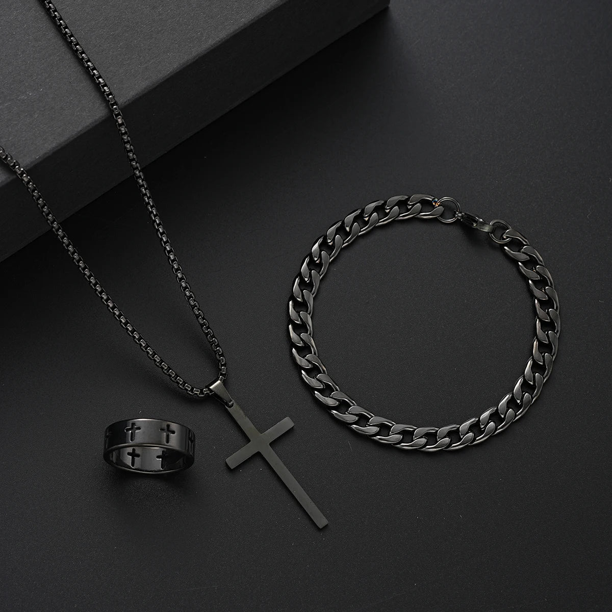 3-Piece Stainless Steel Jewelry Set – Men’s & Women’s Retro Bracelet, Necklace, Ring for Punk Hip Hop Fashion