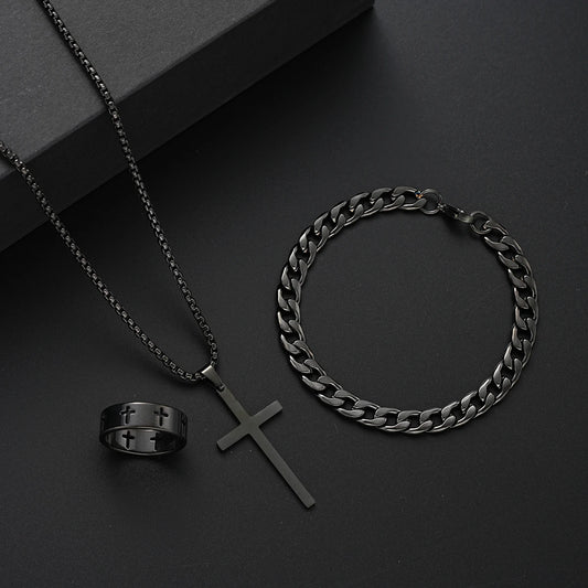 3-Piece Stainless Steel Jewelry Set – Men’s & Women’s Retro Bracelet, Necklace, Ring for Punk Hip Hop Fashion