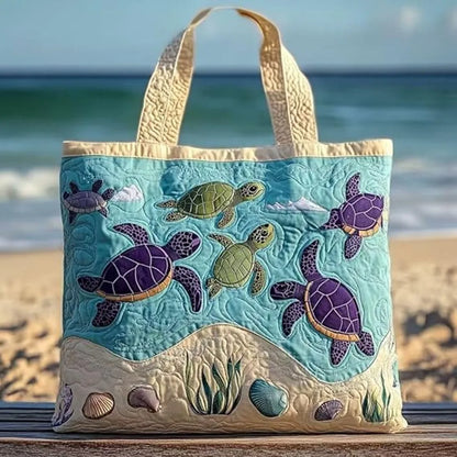Turtle Print Quilted Tote Bag - Large Capacity Soft Canvas Shoulder Bag with 3D Ocean Turtle Design