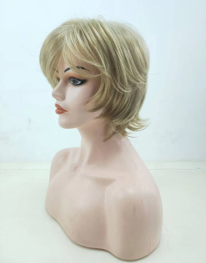 HAIRJOY Short Blonde Wig with Bangs – Blonde and Brown Mix Synthetic Fluffy Wig for Women
