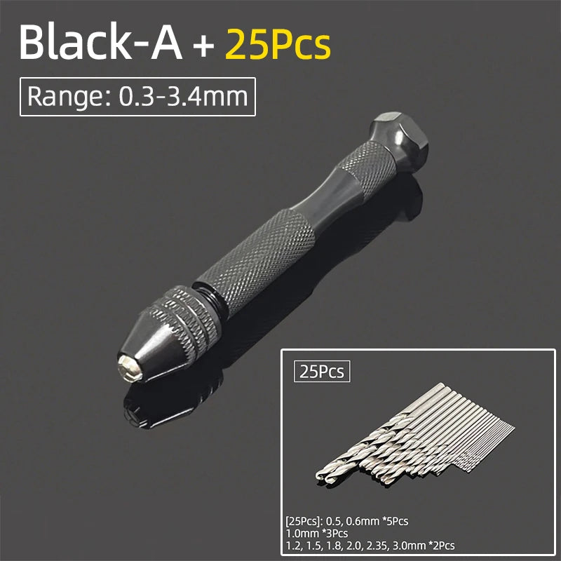 Mini Aluminum Hand Drill 0.3–3.4mm – Keyless Chuck Micro Rotary Tool with HSS Twist Drill Bit Set for Wood & DIY Crafts