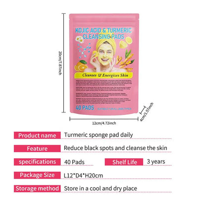 Turmeric Kojic Acid Exfoliating Cleansing Pads - 40pcs Gentle Daily Facial Care Skin Brightening Pads