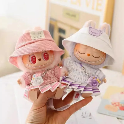 17cm Labubu Doll Clothes Set - Macaron Doll Outfit with JK Pleated Skirt, Camera & Shoes