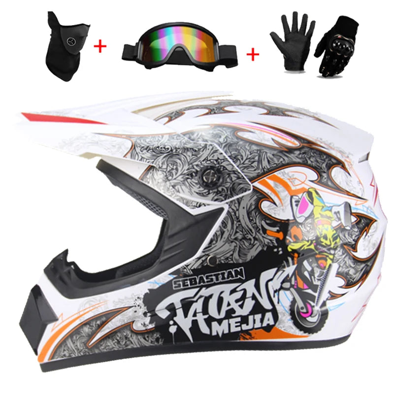 Youth & Kids Motorcycle Full Helmet - Children’s Motocross Casco Moto, Off-Road Protective Helmet with Goggles & Gloves