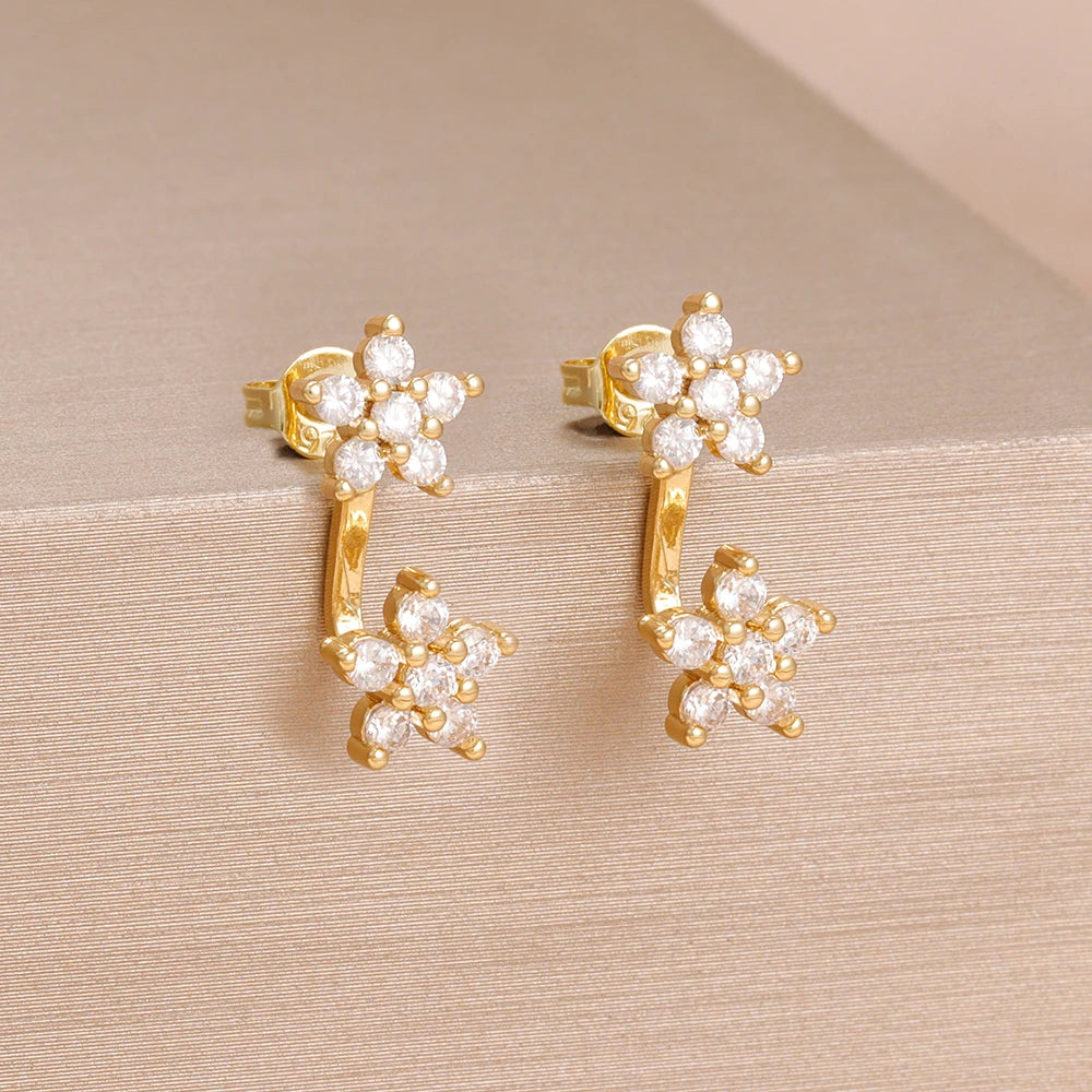 French Design Double Flower Dangle Earrings – Stainless Steel Crystal Cartilage Piercing Jewelry for Women