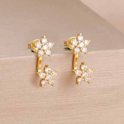 French Design Double Flower Dangle Earrings – Stainless Steel Crystal Cartilage Piercing Jewelry for Women