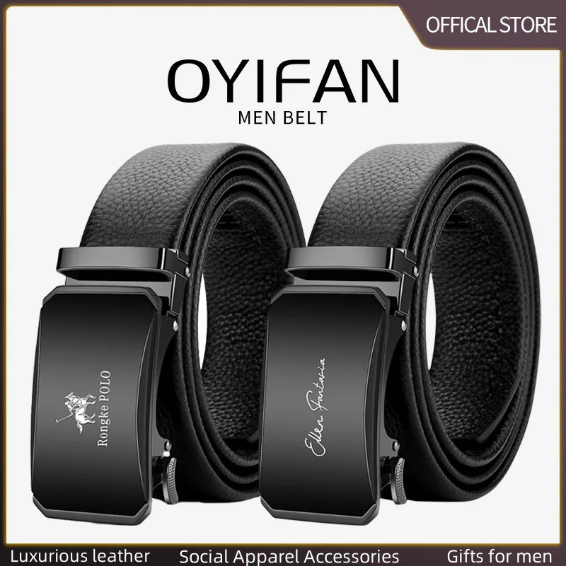 OYIFAN Men’s Genuine Leather Belt – Designer Alloy Buckle Automatic Ratchet Belt