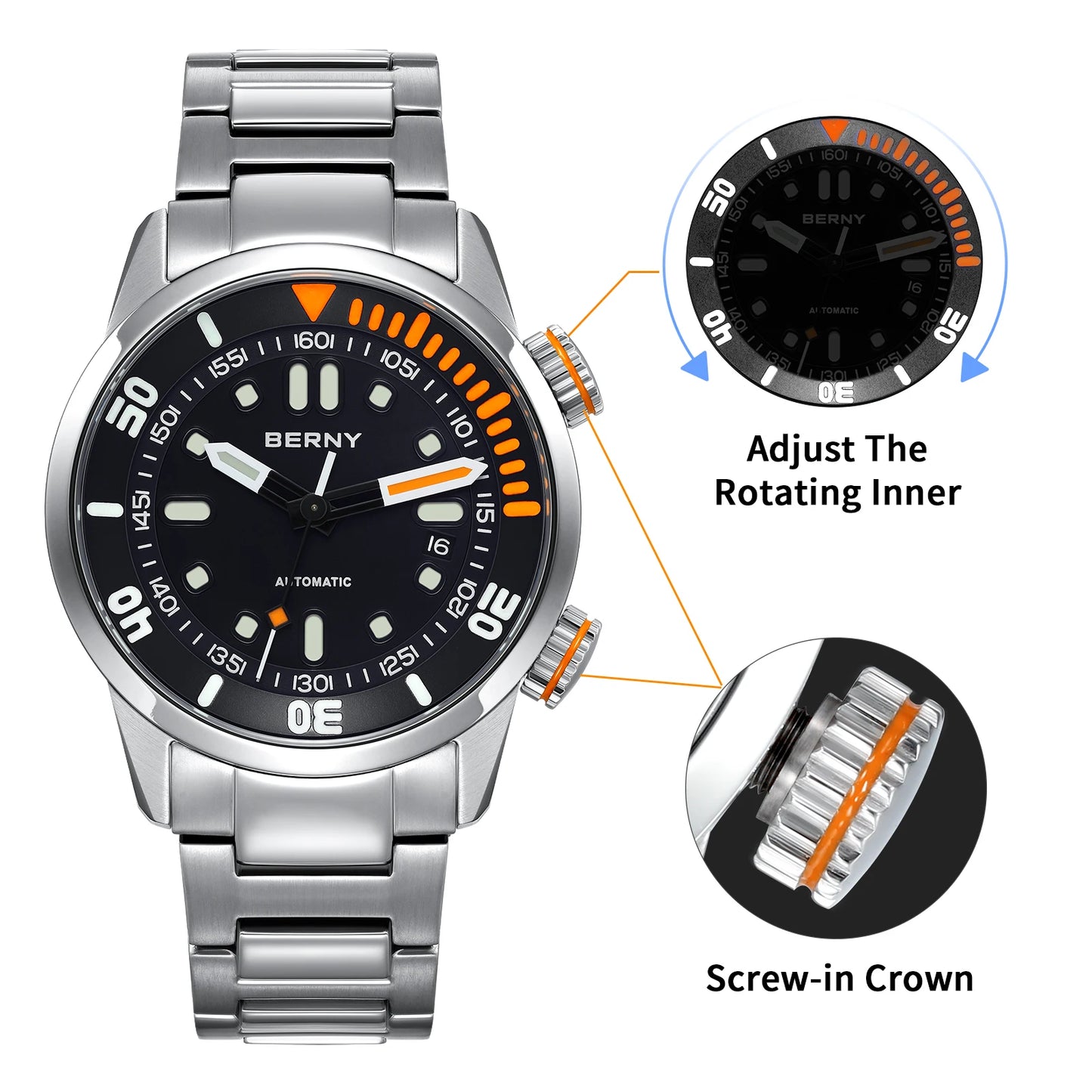 BERNY Automatic Men's Dive Watch – Super Luminous 20ATM Sapphire Wristwatch