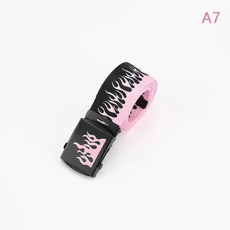 Hip Hop Fashion Canvas Belt – Personalized Flame Design, Casual & Punk Cowboy Belt for Men & Women