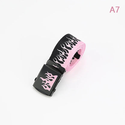Hip Hop Fashion Canvas Belt – Personalized Flame Design, Casual & Punk Cowboy Belt for Men & Women