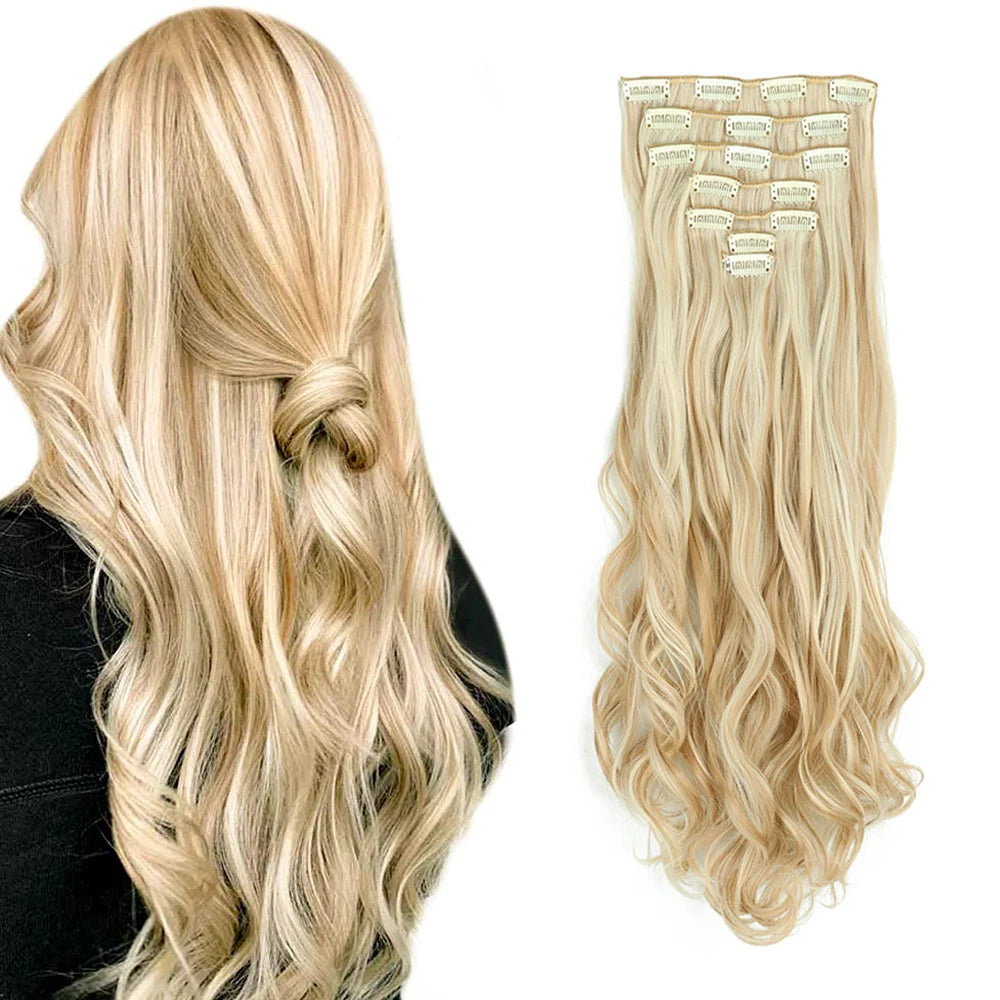 Clip-In Hair Extensions, 7-Piece Full Head 22-Inch Long Curly Wavy Synthetic Hair Extensions for Women and Girls