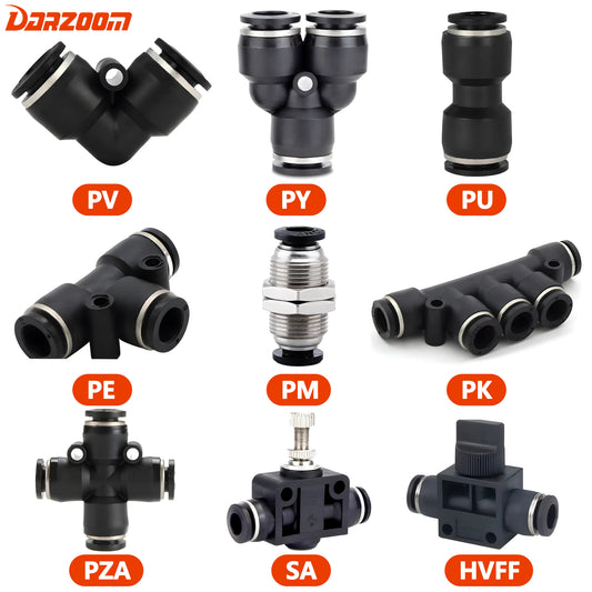High Quality Pneumatic Air Tube Quick Connector Fitting – Black PU/PE/NY Pipe Fittings 3–16mm Industrial Hose Adapter Set