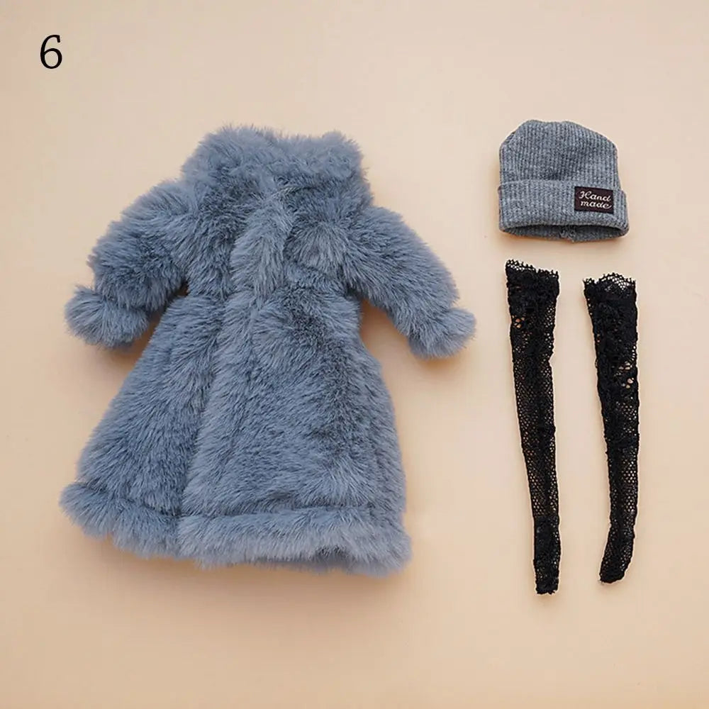 30CM Doll Clothes Set – Fashion Tops, Fur Overcoat, Knitted Hat & Colorful Lace Stockings for 1/6 BJD Doll Accessories