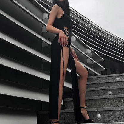 Gothic Dark Cosplay Dress – High Split Y2K Bandage Halter Slim Midi Black Grunge Partywear